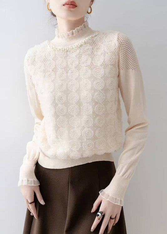 Art Apricot Floral Decorated Nail Bead Knit Blouse Spring