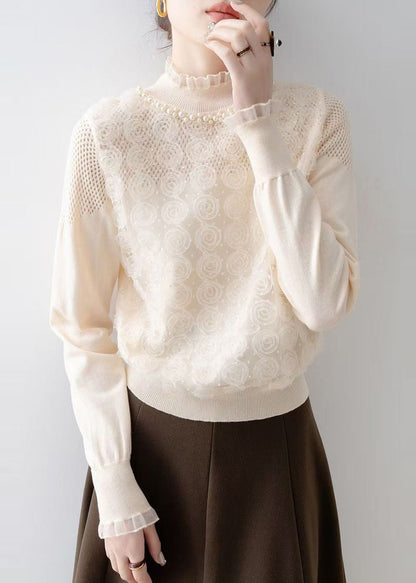 Art Apricot Floral Decorated Nail Bead Knit Blouse Spring