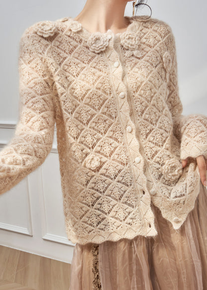 Art Apricot Hollow Out Button Knit Sweater Spring