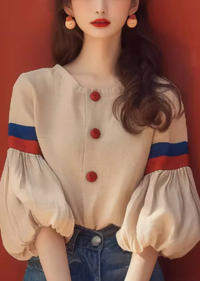 Art Apricot O-neck Patchwork Cotton Blouse Lantern Sleeve