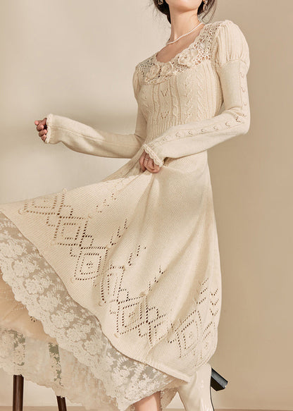Art Apricot O-neck Patchwork Hollow Out Cotton Knit Maxi Dress Spring