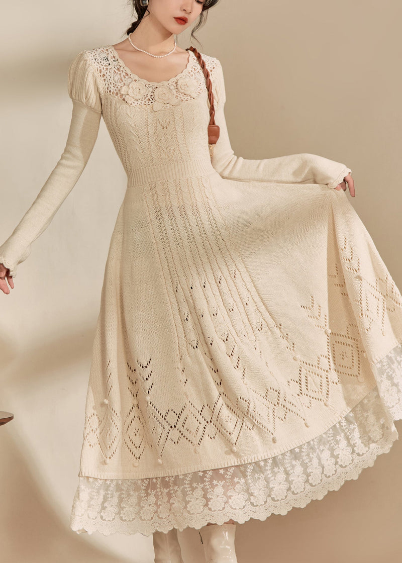 Art Apricot O-neck Patchwork Hollow Out Cotton Knit Maxi Dress Spring