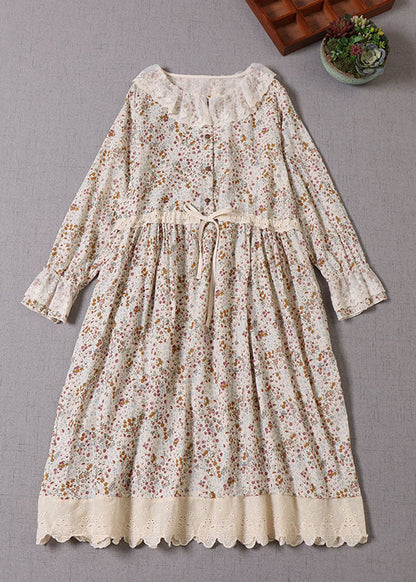 Art Apricot Peter Pan Collar Print Drawstring Dresses Spring