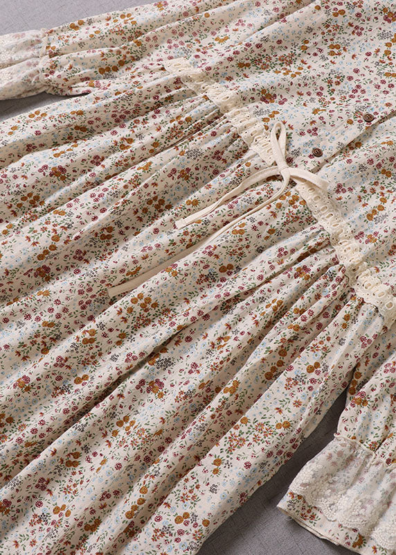 Art Apricot Peter Pan Collar Print Drawstring Dresses Spring