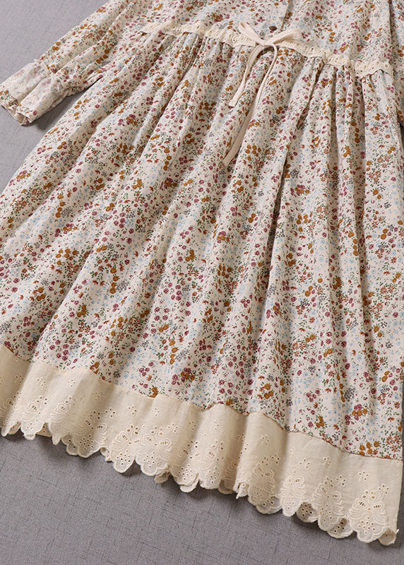 Art Apricot Peter Pan Collar Print Drawstring Dresses Spring