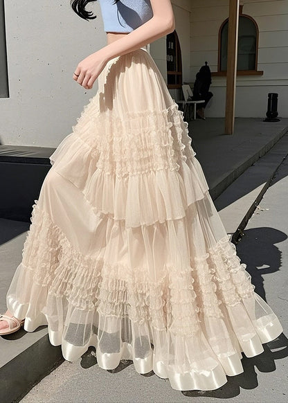 Art Apricot Ruffled Elastic Waist Chiffon Skirts Summer