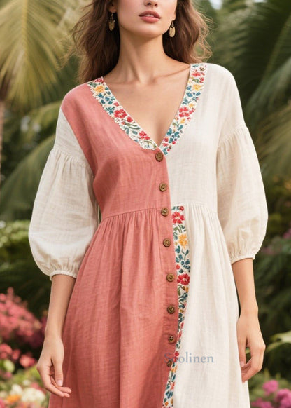 Art Asymmetrical Patchwork Linen Dresses Summer