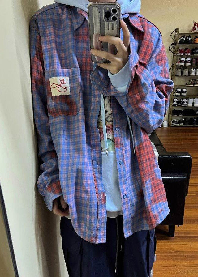 Art Asymmetrical Plaid Pockets Cotton Shirts Spring