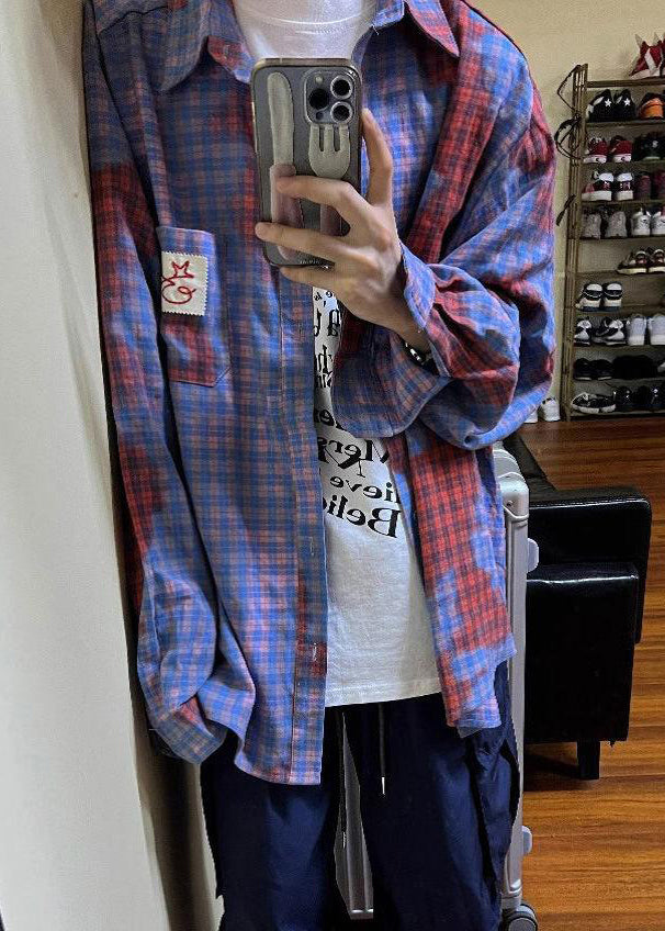 Art Asymmetrical Plaid Pockets Cotton Shirts Spring