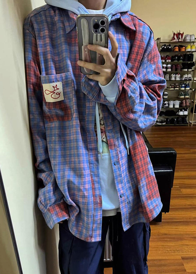 Art Asymmetrical Plaid Pockets Cotton Shirts Spring