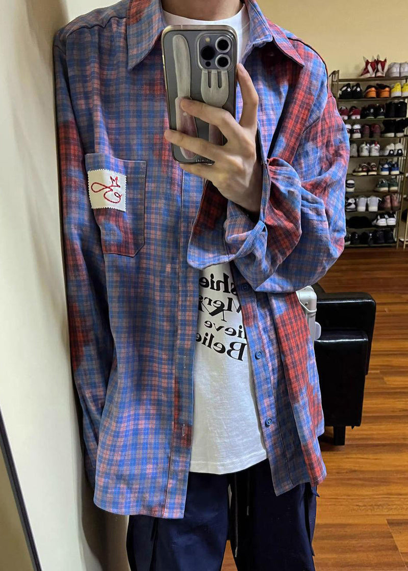 Art Asymmetrical Plaid Pockets Cotton Shirts Spring