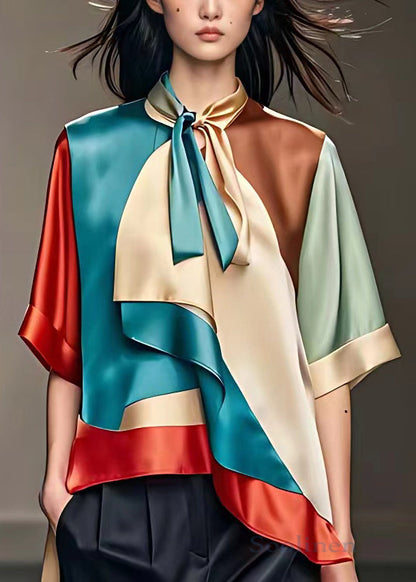 Art Asymmetrical Scarf Collar Patchwork Silk Shirt Half Sleeve