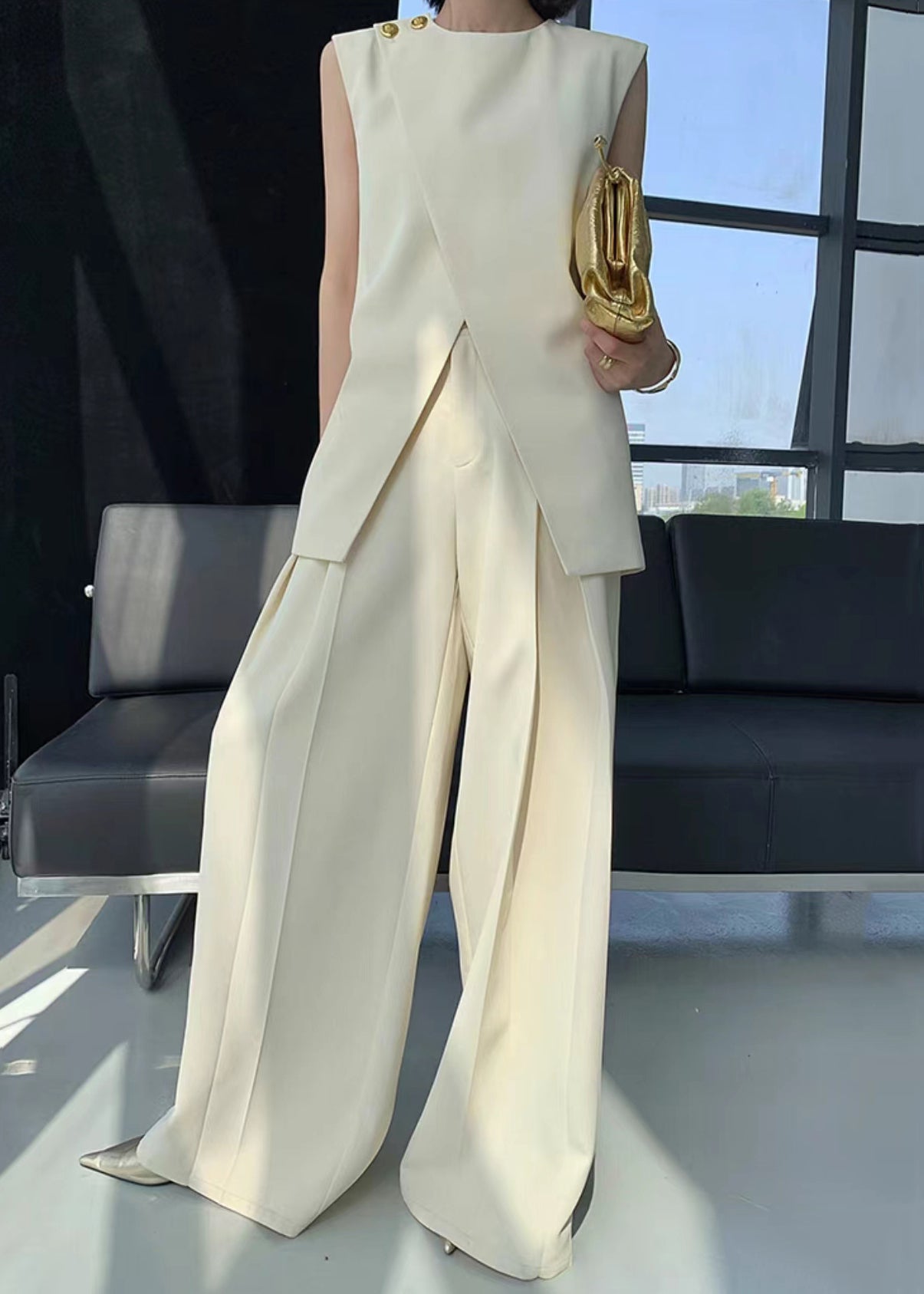 Art Beige Asymmetrical Patchwork Waistcoat and Wide Leg Pants Spandex Two Pieces Set Sleeveless