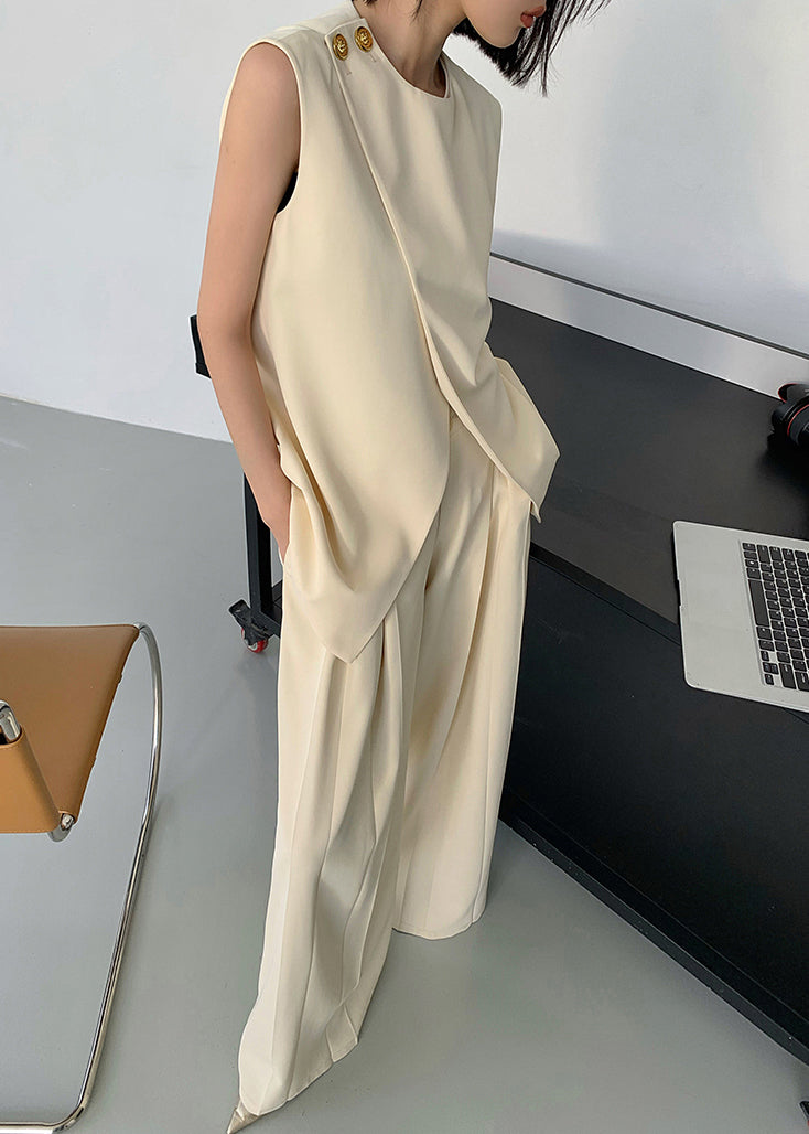 Art Beige Asymmetrical Patchwork Waistcoat and Wide Leg Pants Spandex Two Pieces Set Sleeveless