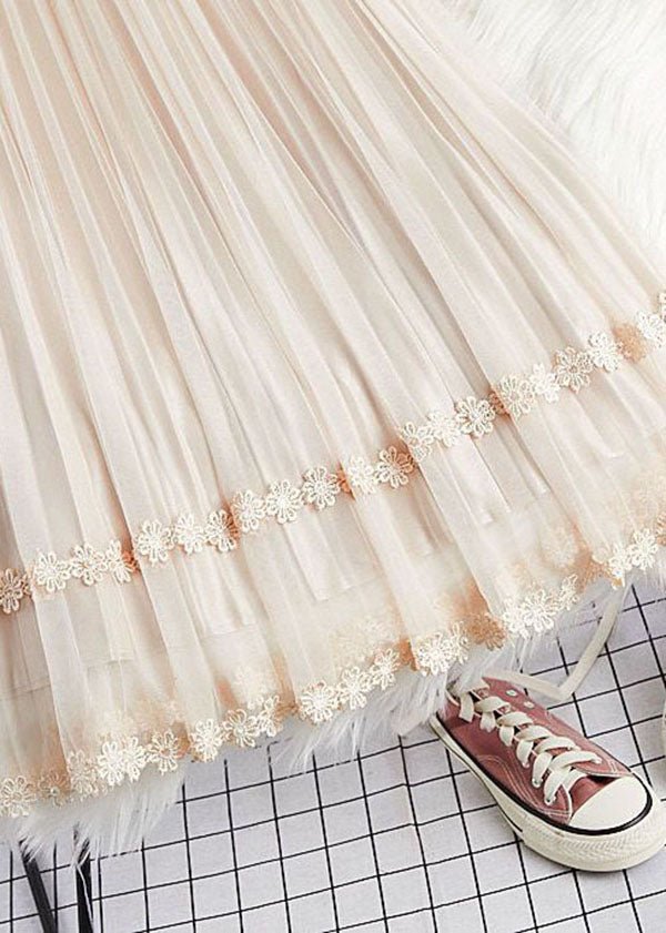 Art Beige Elastic Waist Lace Patchwork Wear on Both Sides Tulle Pleated Skirt Spring