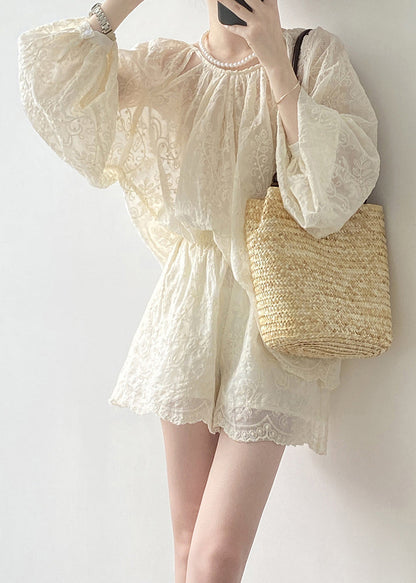 Art Beige Embroidered Tops and Shorts Cotton Two Piece Set Spring