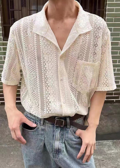 Art Beige Hollow Out Pockets Cotton Shirt Summer