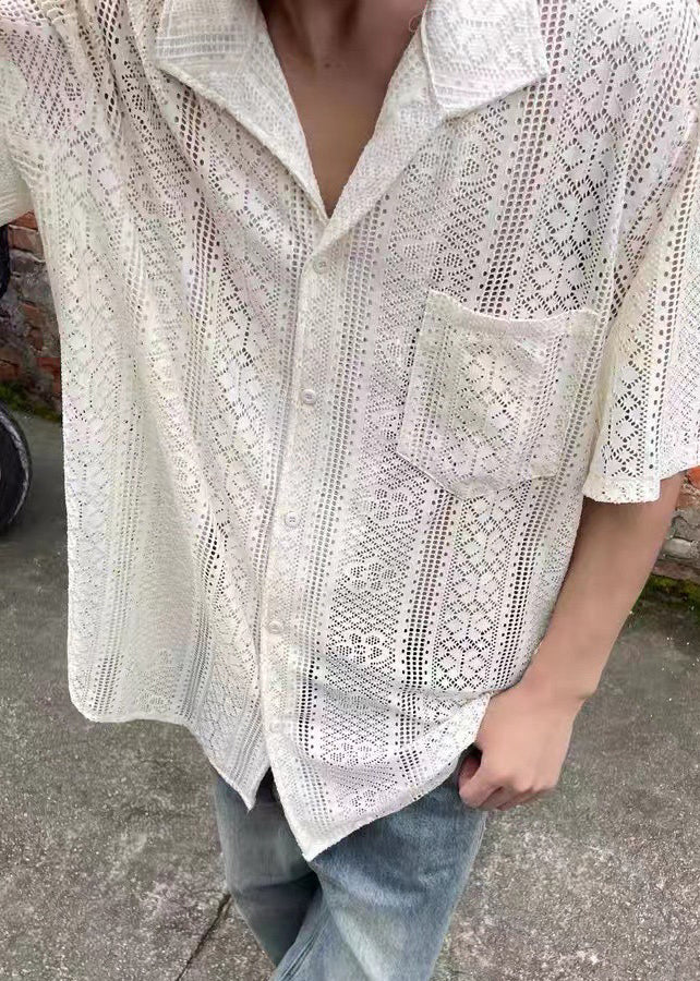 Art Beige Hollow Out Pockets Cotton Shirt Summer