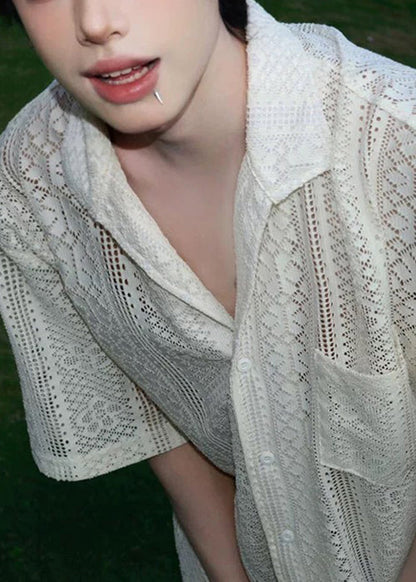 Art Beige Hollow Out Pockets Cotton Shirt Summer