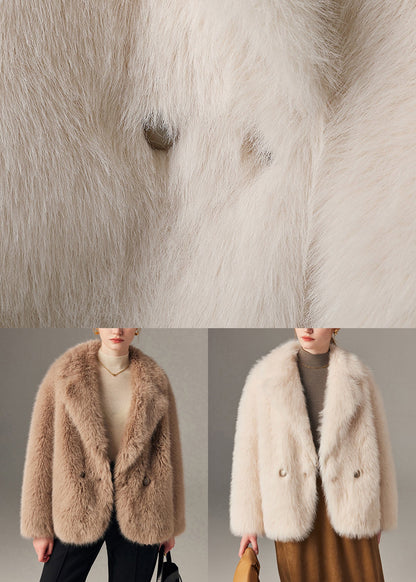Art Beige Notched Button Leather and Fur Coats Winter