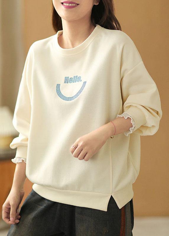 Art Beige O-Neck Graphic Ruffled Fall Sweatshirts Top