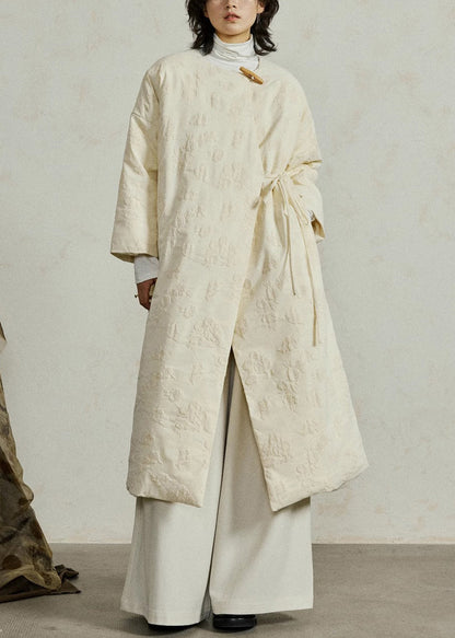 Art Beige O-neck Lace Up Pockets Duck Down Coat Winter