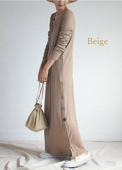 Art Beige O-neck Oversized Side Open Knit Ankle Dress Spring