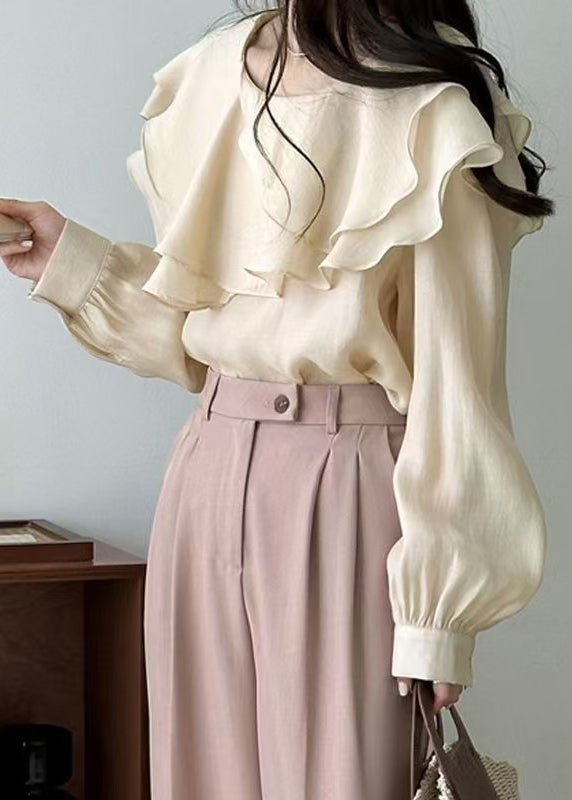 Art Beige Original Design Layered Cotton Blouses Fall