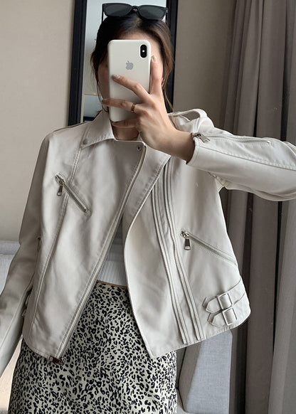 Art Beige Peter Pan Collar Patchwork Faux Leather Jacket Fall