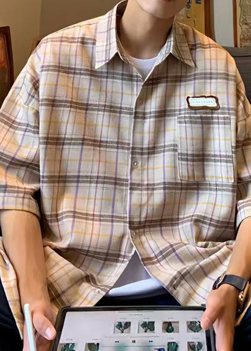 Art Beige Plaid Button Cotton Shirt Summer