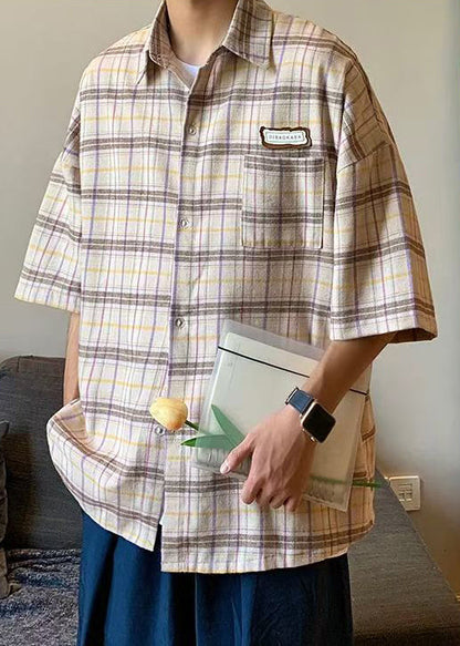 Art Beige Plaid Button Cotton Shirt Summer
