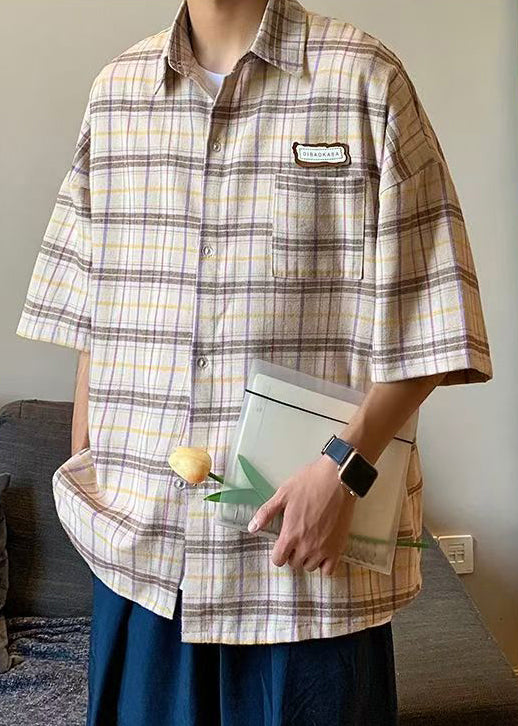 Art Beige Plaid Button Cotton Shirt Summer