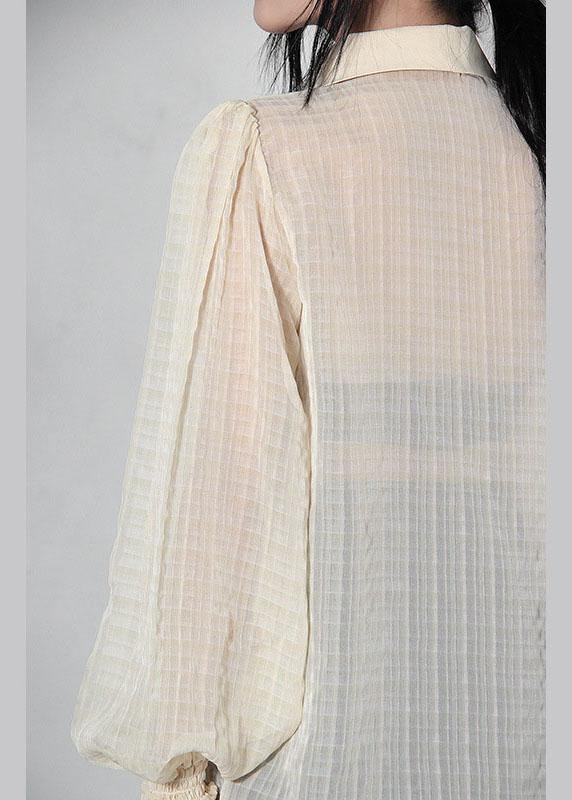 Art Beige Plaid Pockets Button Blouse Tops Summer