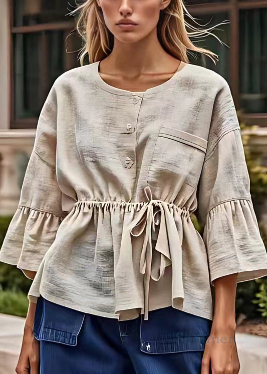 Art Beige Pockets Lace Up Cotton Shirt Bracelet Sleeve
