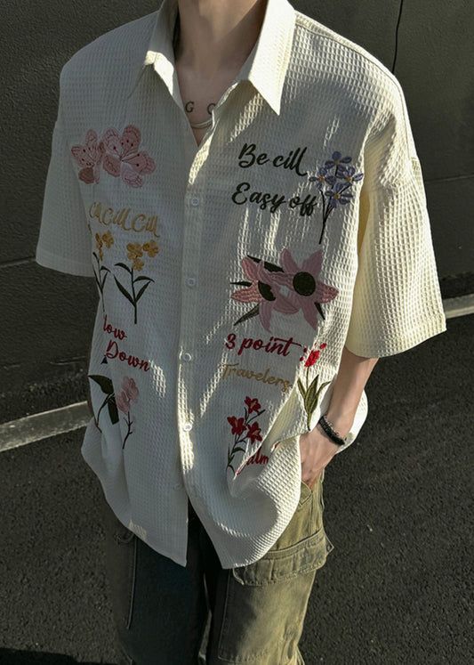 Art Beige Print Button Cotton Shirt Short Sleeve