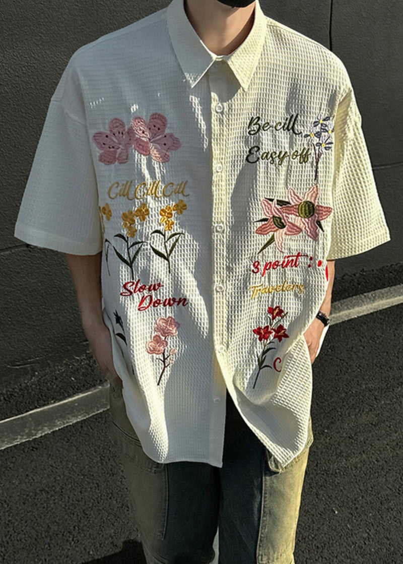 Art Beige Print Button Cotton Shirt Short Sleeve