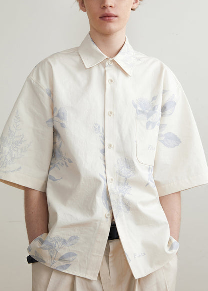 Art Beige Print Button Cotton Shirts Half Sleeve
