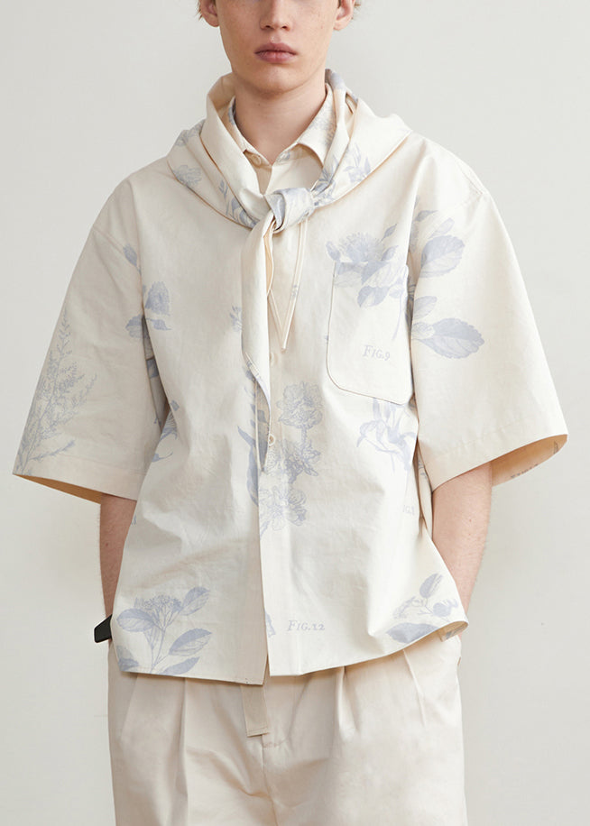 Art Beige Print Button Cotton Shirts Half Sleeve