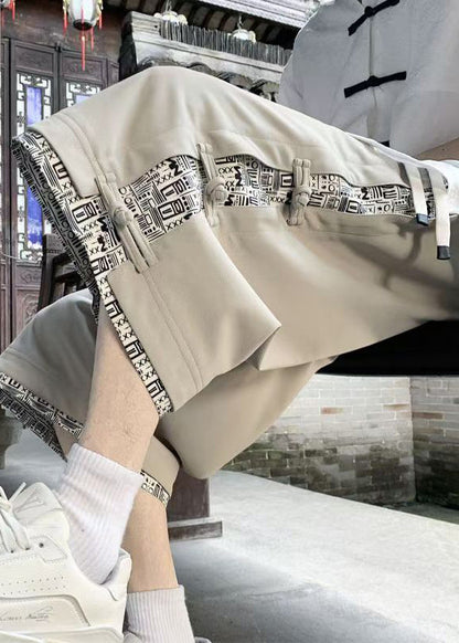 Art Beige Print Button Patchwork Cotton Crop Pants Summer