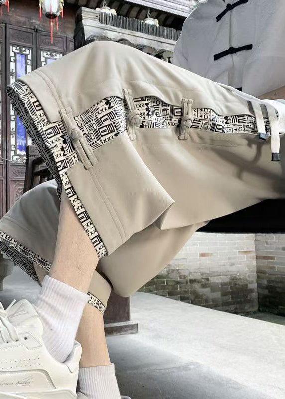 Art Beige Print Button Patchwork Cotton Crop Pants Summer
