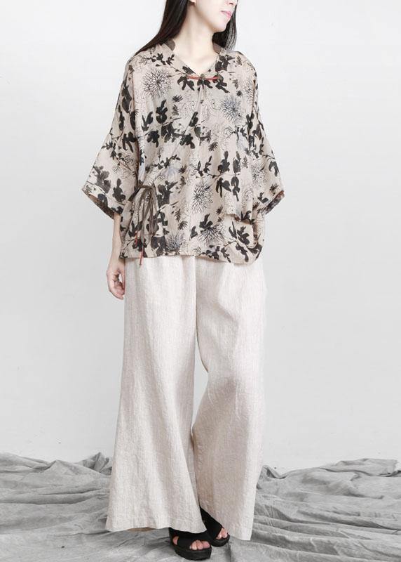 Art Beige Print Oriental Ramie Shirts Fall