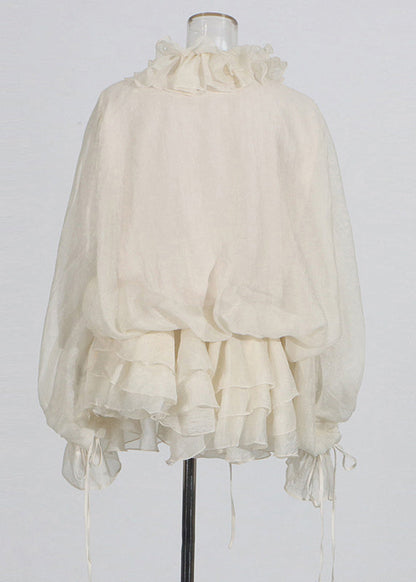 Art Beige Ruffled Lace Up Chiffon Mini Dresses Spring