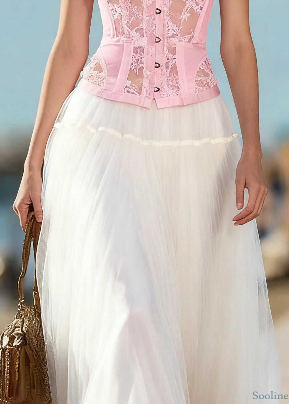 Art Beige Elastic Waist Tulle Skirts Summer