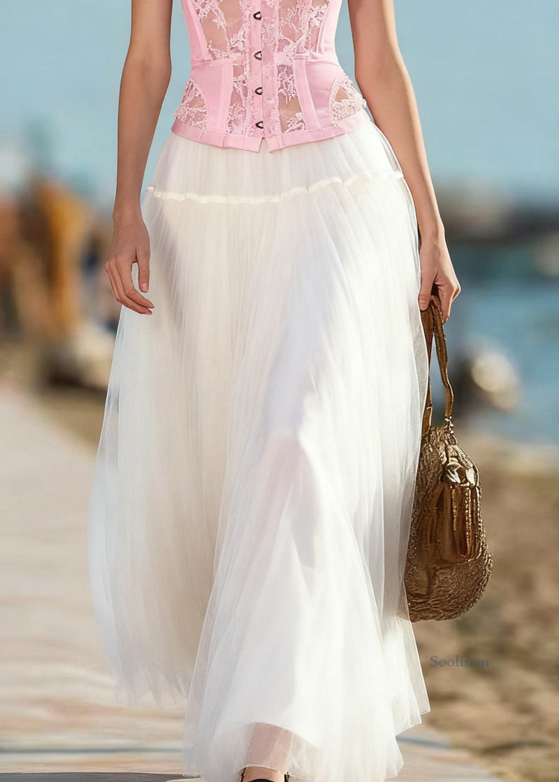 Art Beige Elastic Waist Tulle Skirts Summer