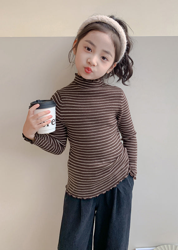 Art Beige Turtleneck Ruffled Striped Cotton Knit Sweaters Spring