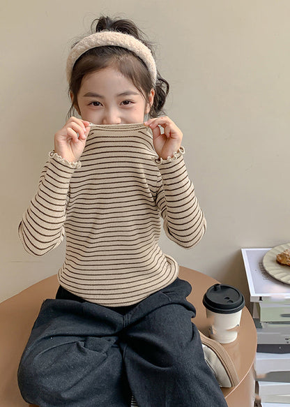 Art Beige Turtleneck Ruffled Striped Cotton Knit Sweaters Spring
