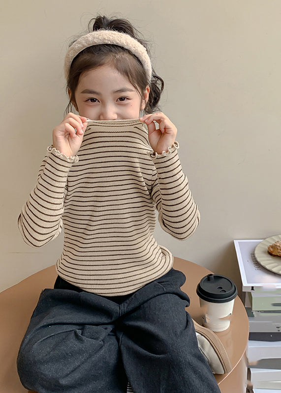 Art Beige Turtleneck Ruffled Striped Cotton Knit Sweaters Spring