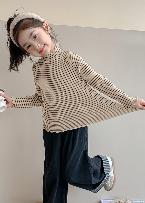 Art Beige Turtleneck Ruffled Striped Cotton Knit Sweaters Spring