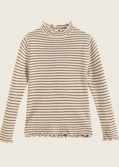 Art Beige Turtleneck Ruffled Striped Cotton Knit Sweaters Spring