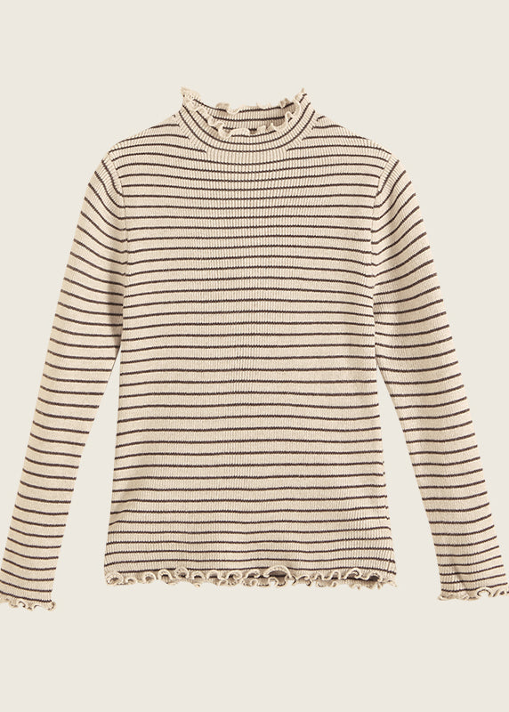 Art Beige Turtleneck Ruffled Striped Cotton Knit Sweaters Spring